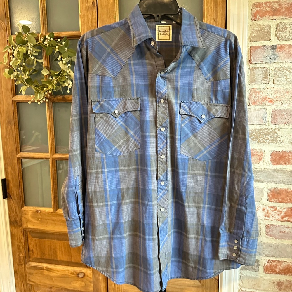 Western Plains Trading Co Pearl Snap Shirt Mens Medium Blue Plaid Western Yoke